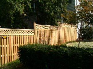 tall wooden fence surrounded by greenery