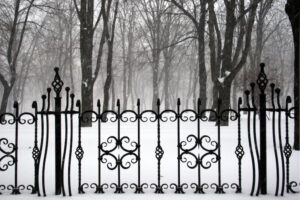 intricate fence in a snowy park